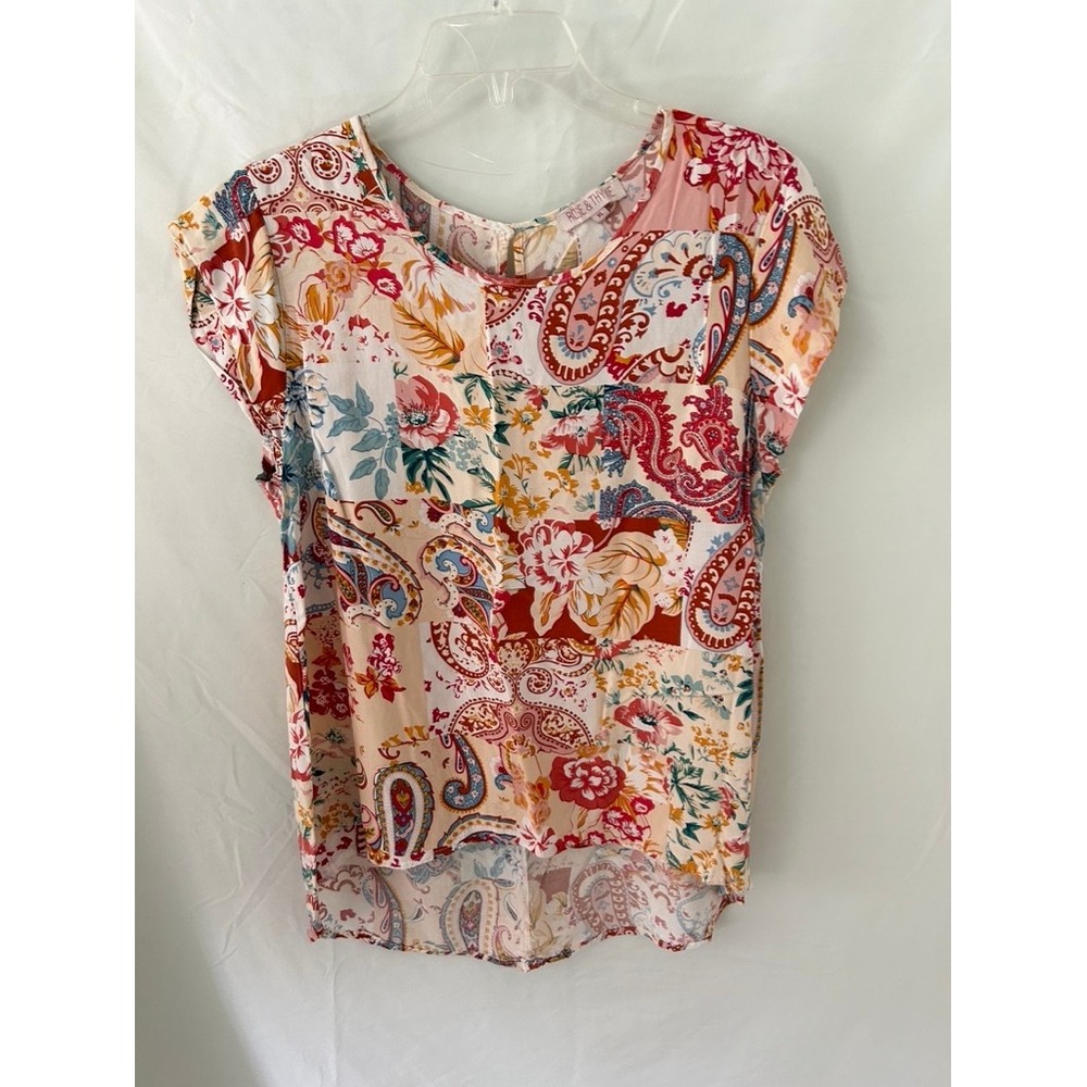 Rose & Thyme Paisley Floral Patchwork Top XL Pink Rayon Short Sleeve Blouse